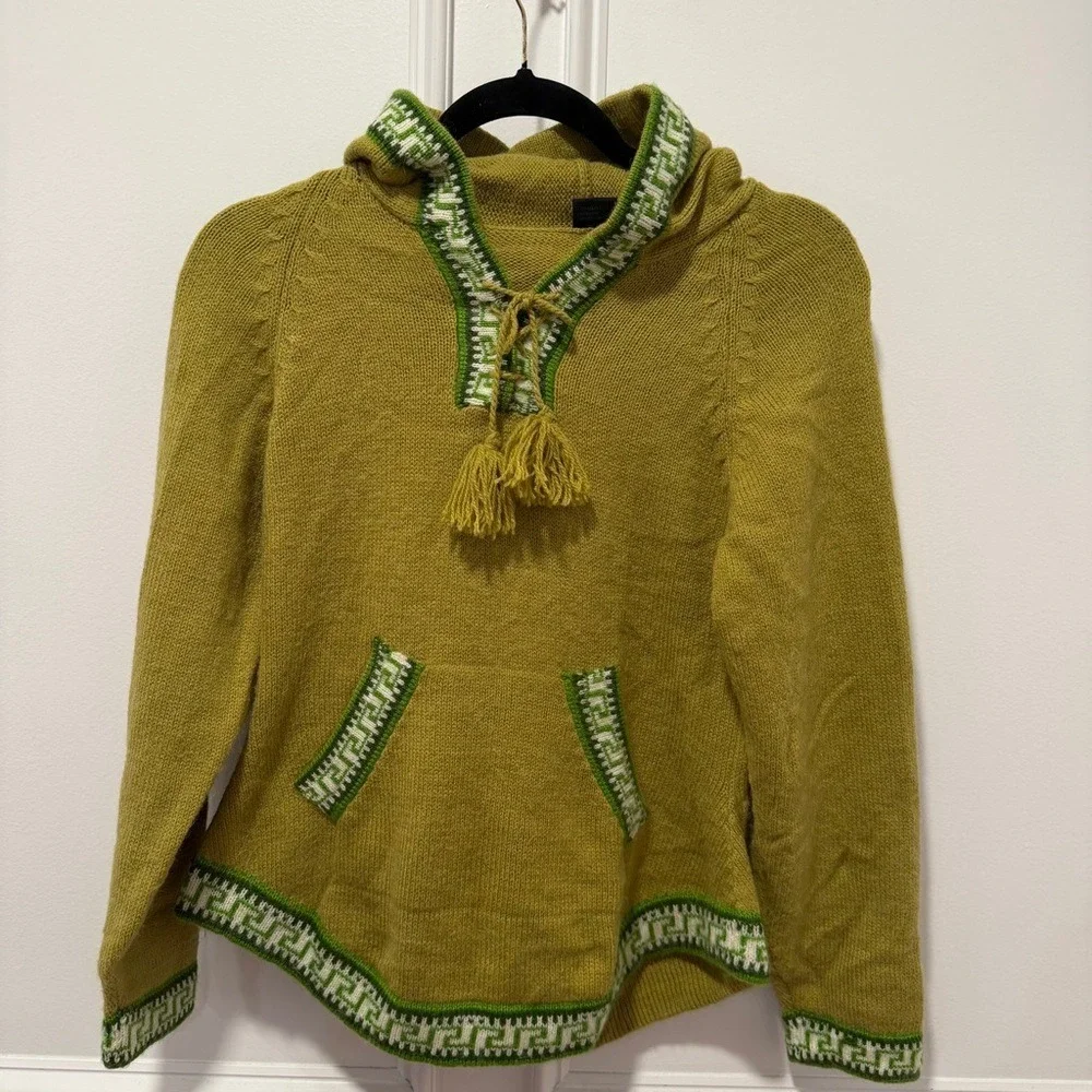 Alpaca Hoodie Sweater Girls Small Green Peru Hand Knit Pullover Pockets Alpaca f